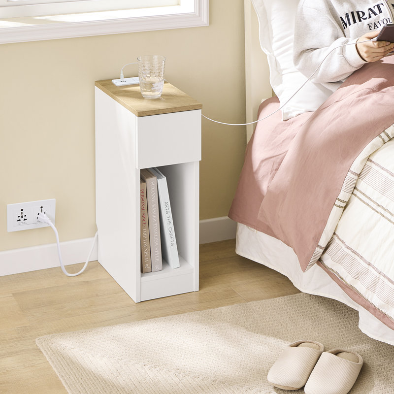 13.8'' W Nightstand with Charging Station Narrow Slim Bedside Table with Drawer, USB & Type-C Ports White