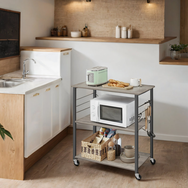 Kitchen Shelf On Wheels, Serving Trolley With 3 Shelves, 80X40x89cm, Heather Greige/Black