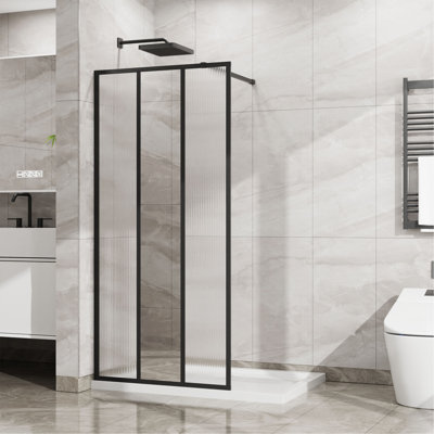 Porte de douche fixe l 34 po x H 72 po Goodyo, conception à 3 panneaux avec miroir central et motif cannelé, verre trempé 1/5 po (5 mm), panneau de douche à l'italienne mat