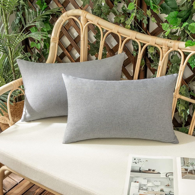 Set of 2 solid color Indoor/Outdoor Throw Pillows Lumbar support FULL set with inserts 12"x20", Gray, Rectangle 12"H x 20"W