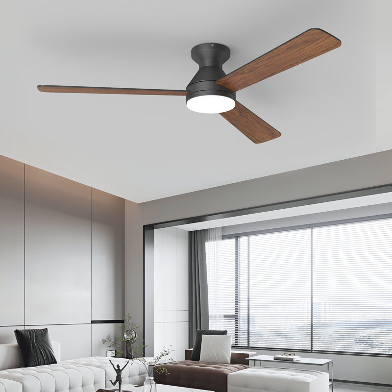 52 In. Dimmable Led Indoor/outdoor Black Flush Mount Ceiling Fan With Light And Remote, 6 Speeds Dc Reversible Noiseless