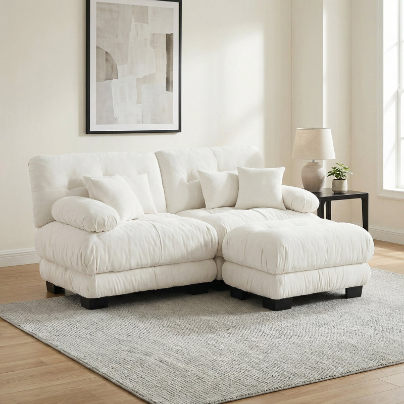 Canapé modulaire en tissu d'ameublement en chenille blanc avec repose-pieds et 2 coussins lombaires 2 pièces