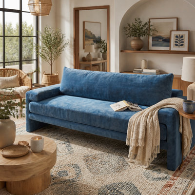 Canapé 3 places en chenille, 205 cm d'épaisseur, avec larges accoudoirs et coussins épais, bleu, pour salon, chambre et bureau