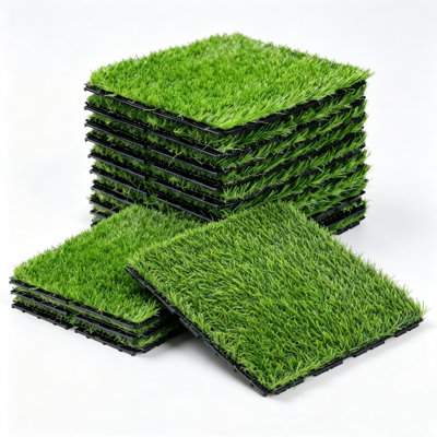 Ensemble de 27 tapis de sol en gazon artificiel imbriqués - Revêtement de sol pour terrasse de balcon résistant aux rayons UV avec trous de drainage, tuiles autobloquantes de 12 po x 12 po (27 pieds carrés)