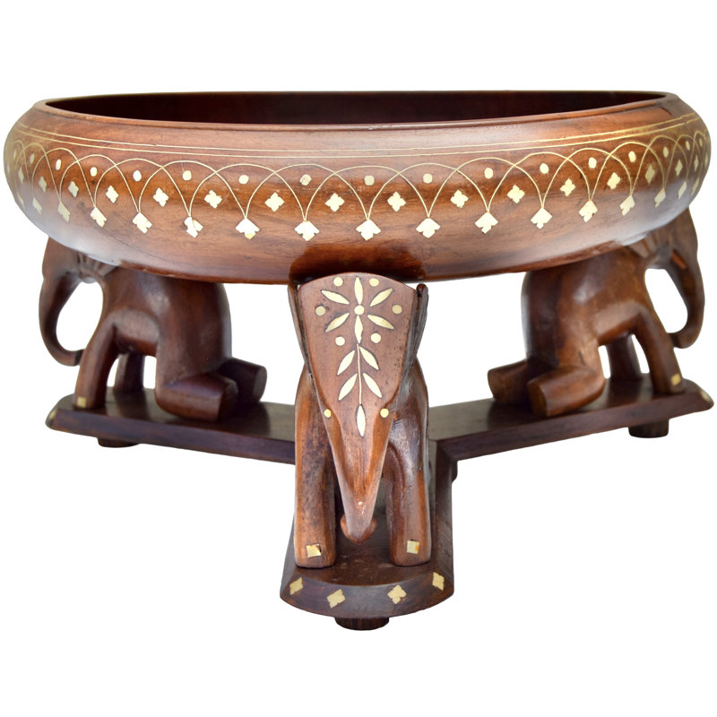 Early 20th Century Hand-carved & Inlaid Anglo-indian Bowl On Elephants Base