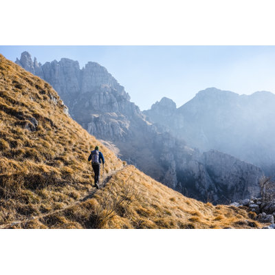 Hiker Walking On Mountain Trail by Deimagine - No Frame Art Prints on Canvas