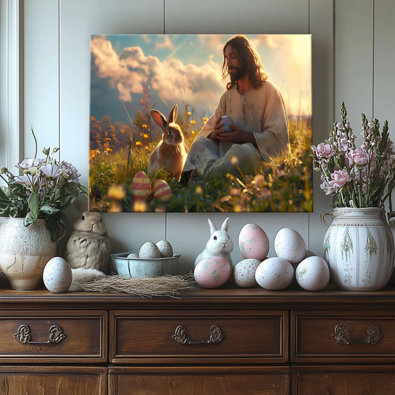 Art mural sur toile encadré P&L - Impression de Jésus et lapin de Pâques 12 po x 16 po, H 12 po x l 16 po