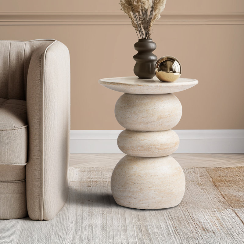 Stephanos Effect Stool End Table Durable Weatherproof Indoor and Outdoor Side Table, Travertine