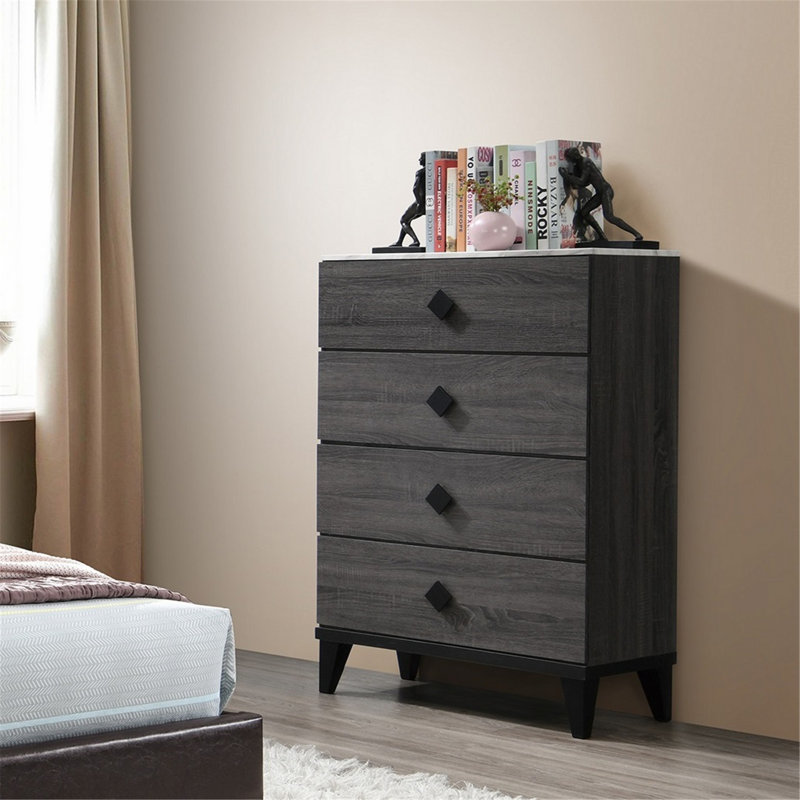 Commode de chambre à coucher avec plateau en faux marbre et 4 tiroirs