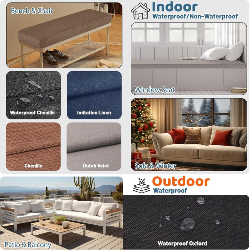 1'' H Customizable Bench Cushion For Indoor/Outdoor Furniture/Chair/Window Seat, Premium 75D High-Resilience Foam, 66" W