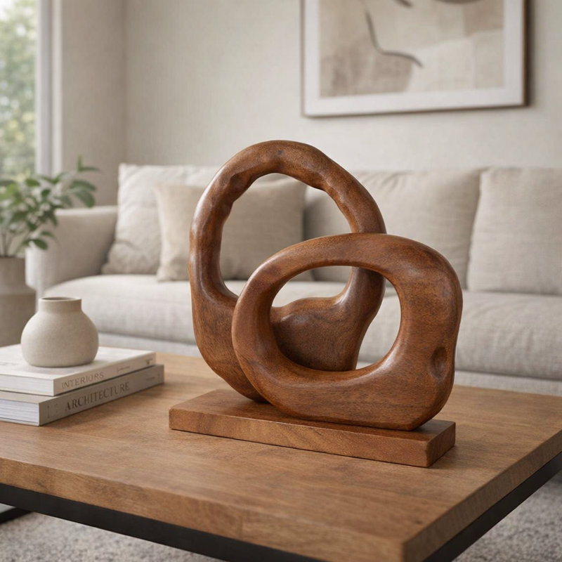 Sculpture abstraite en bois de manguier pour la décoration intérieure - Objet décoratif artisanal pour la décoration de table de salon - 38 cm, brun et beige