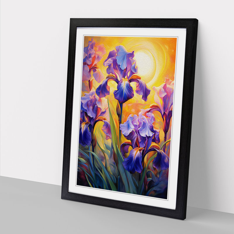 Iris Flower Impressionism No.3 - Single Picture Frame Print on Wood, 46cm H x 34cm W x 2cm D, Black