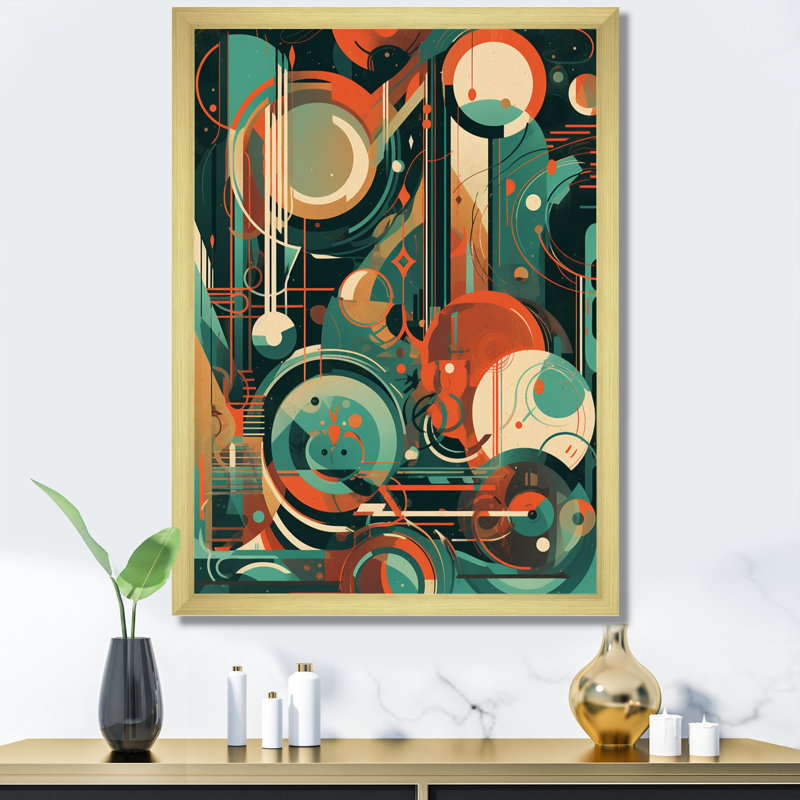 Vert et orange Mid Century Innovations IV, reproduction d'art sur toile, H 20 po x l 12 po x P 1 po, Encadrement doré