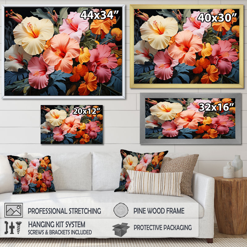 Hibiscus Hibiscus Hues - Floral Wall Art Prints, H 34 po x l 44 po x P 1,5 po, Cadre flottant doré