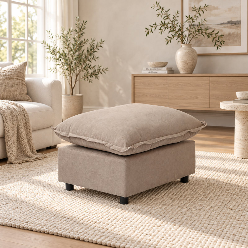 Moncada Upholstered Modern Linen Fabric Ottoman, Khaki