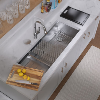 Whitehaus 45" Undermount Single Bowl 16 Gauge Brushed Stainless Steel Workstation Sink With Accessories