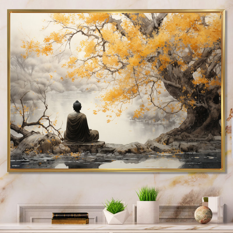 Décoration murale bouddhisme gris et jaune II - Bouddhisme, Cadre photo unique, H 34 po x l 44 po x P 1,5 po, Doré