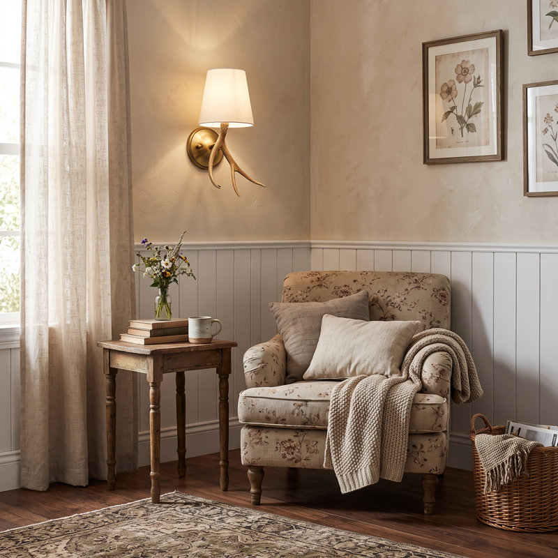 Applique murale rustique en faux bois à 1 lumière à intensité variable avec abat-jour en tissu blanc, applique murale en laiton pour chambre à coucher et couloir