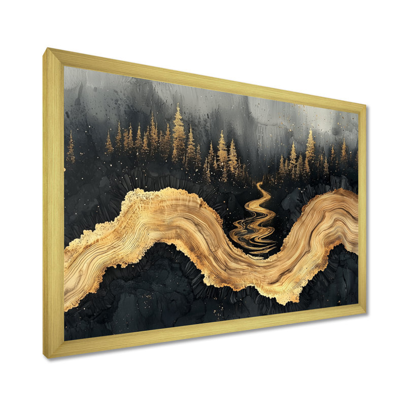 Forêt forêt de cristal onyx noir I - forêt, art mural, H 24 po x l 32 po, Cadre simple, Doré