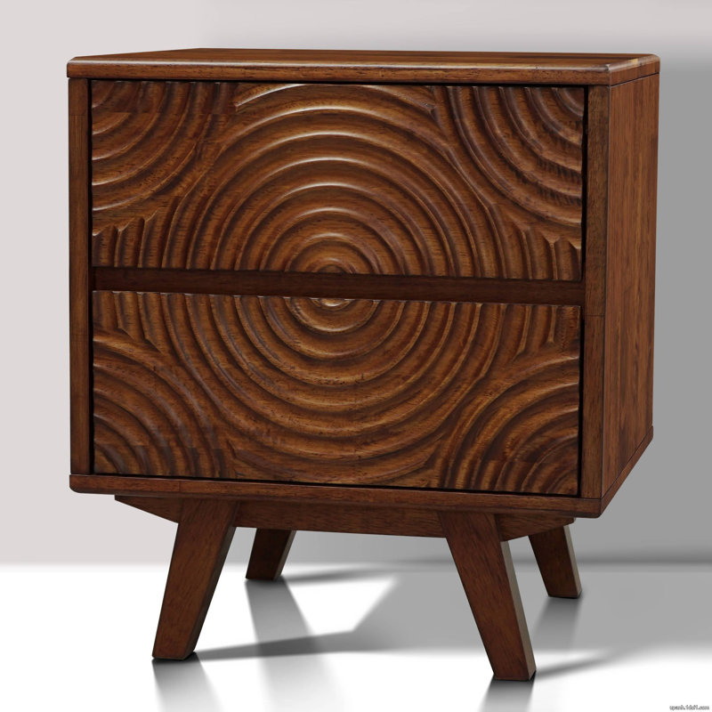 Harmony Solid Wood 2-Drawer Nightstand – Mid-Century Modern Bedside Table with Hand-Carved Wood Texture, Walnut