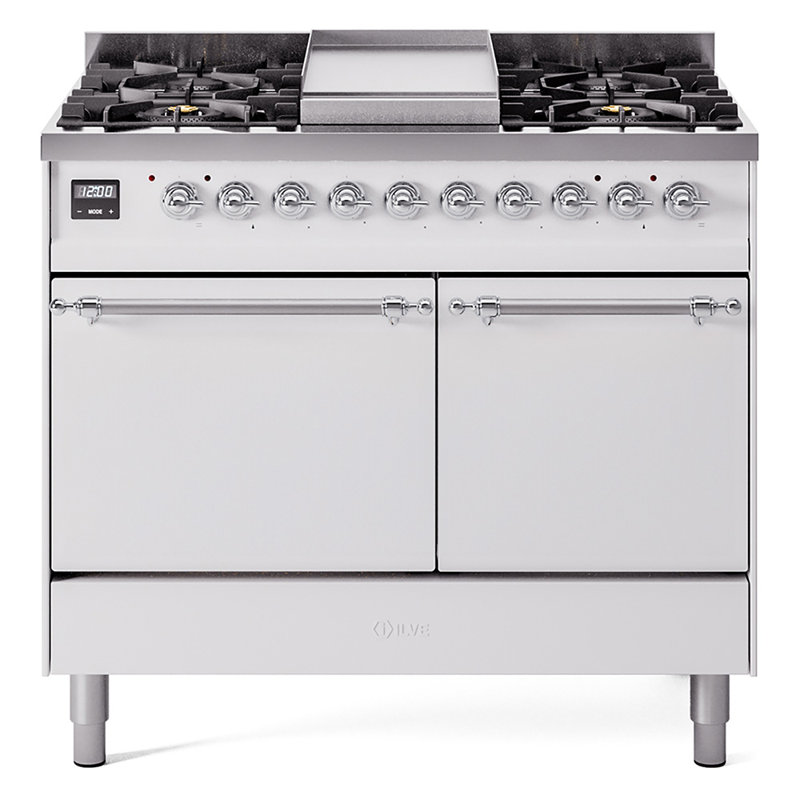 ILVE Nostalgie II Series 40 inch Dual Fuel Range with 6 Sealed Burners, Griddle (Solid Door), Liquid Propane, White/Chrome
