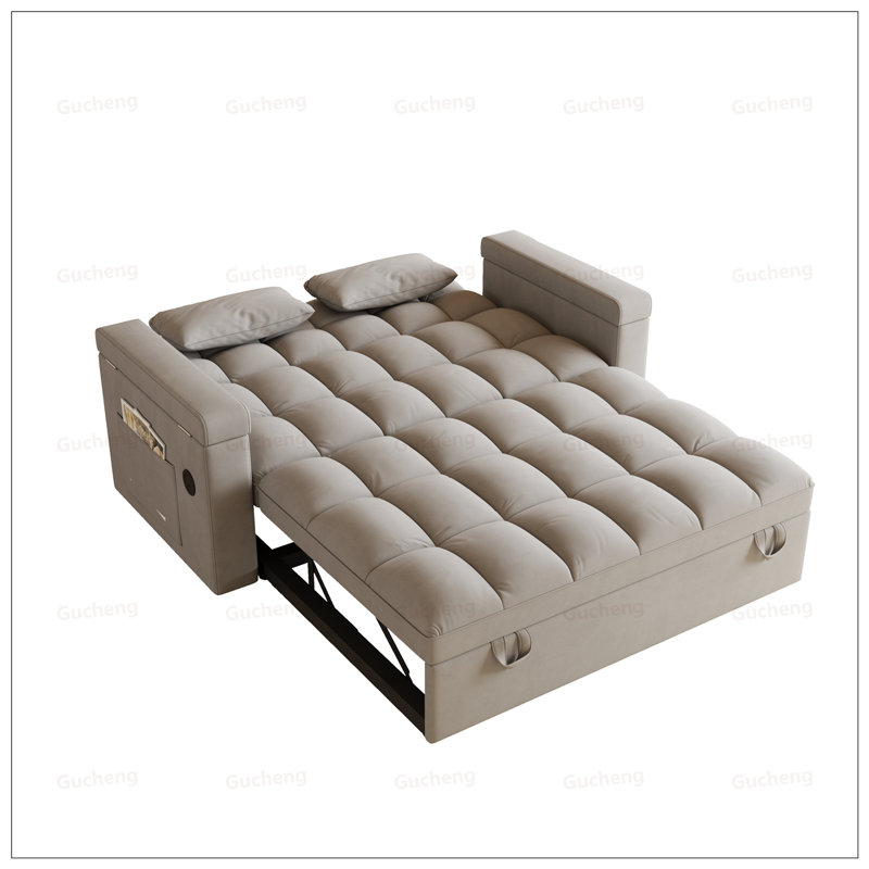 Canapé-lit 3-en-1 pliable de grande taille avec table, USB et accoudoirs de rangement, dossier réglable pour le salon