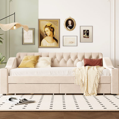 Lit de jour simple rembourré beige avec rangement pour accoudoirs et taille de port et fabrication