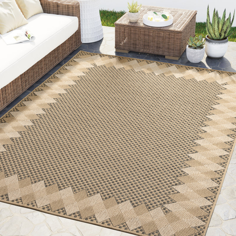 Abani Rugs Magdaleno PAT130A Outdoor Grey Beige Checkered with Border Area Rug, Rectangle 7'8" x 10'9"