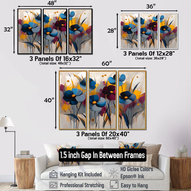 Ensemble de 3 fleurs murales rouges et bleues - bleuet pour salon - ensemble de 3, H 32 po x l 48 po, Doré