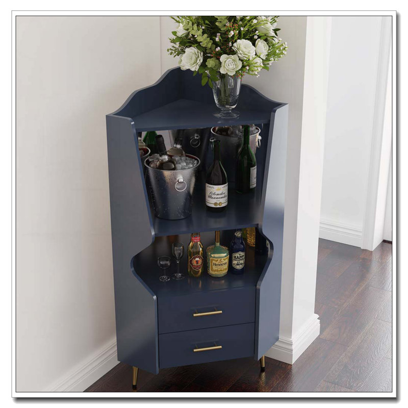 Bar en bois avec 2 tablettes de rangement ouvertes et 2 tiroirs, Gris