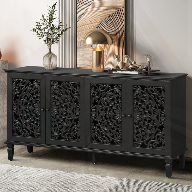 Buffet antique 60 "avec sculptures florales, Noir