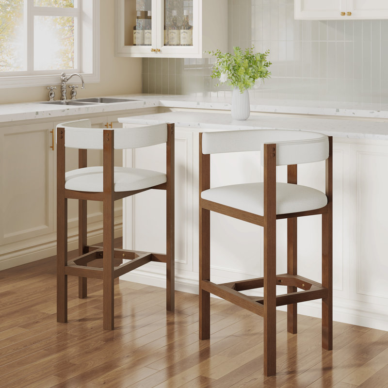 Tabourets de bar rembourrés Marlow Mid-Century, Coussin beige / structure en noyer