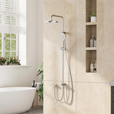 Modern Rainfall Shower System, 25cm Round Stainless Steel Overhead & Handheld Shower Heads, Adjustable Telescopic Rail - Easy Install