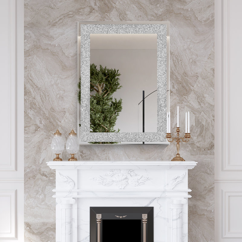 Miroir mural 24 pouces, miroir à losanges argenté avec cristal pour décoration murale salon argenté de luxe moderne à miroir