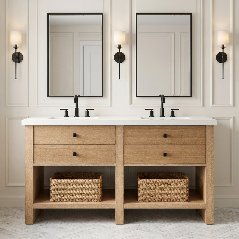 60" Oak Wood Double Bathroom Vanity Set