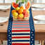 Chemin de table rayé en mélange de lin avec finition imperméable, décor patriotique de la fête de l'Independance pour la table et la cuisine - étoiles et rayures rouges, blanches et bleues