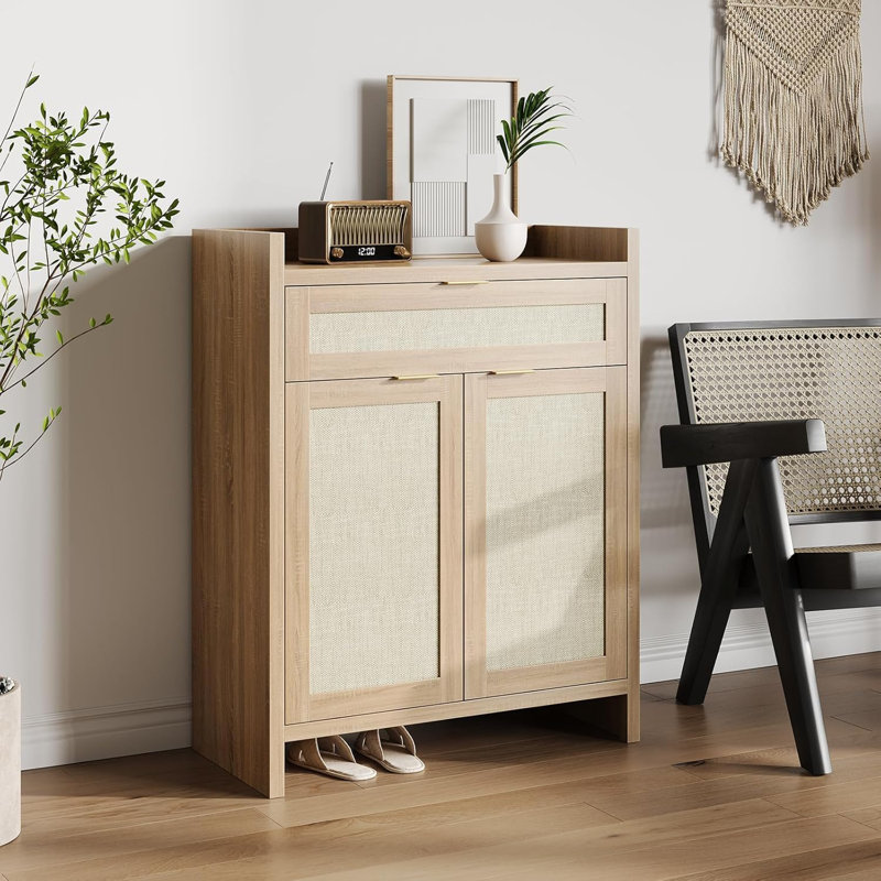 Rattan Shoe Cabinet with Storage,32" Boho Style Shoe Organizer Storage Cabinet with Shelves & Doors