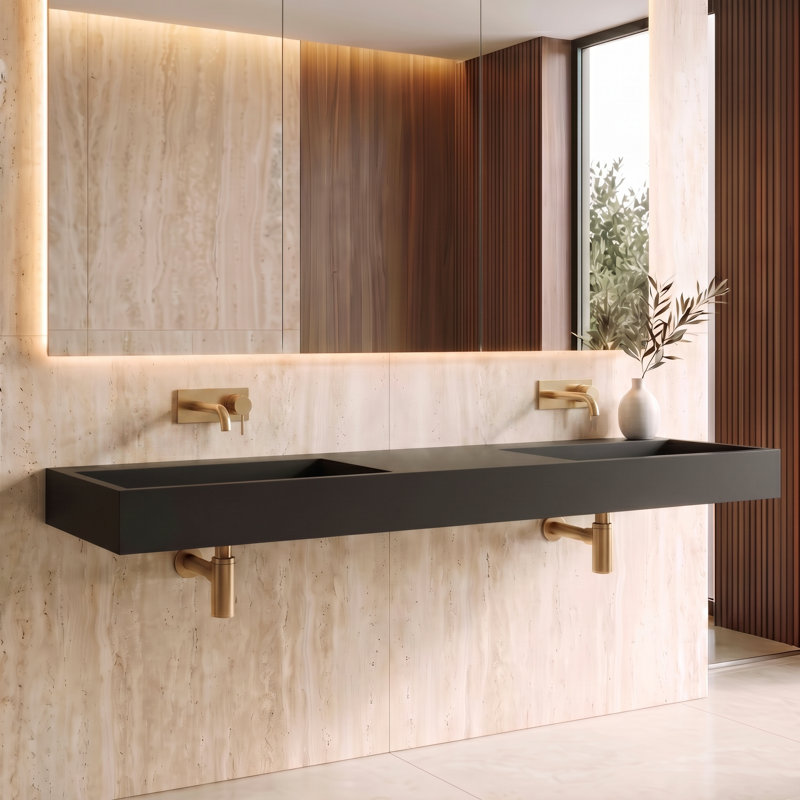 Juniper 72" Wall Mounted Solid Surface Floating Bathroom Sink with Concealed Drain - Black, No Faucet Hole, Black