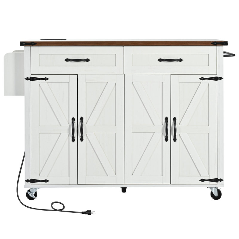 Îlot de cuisine 53,5 po avec prise de courant, îlot de rangement pour cuisine avec abattant, support à épices et tiroir, chariot de cuisine sur roulettes, pour la maison, la cuisine et la salle à manger