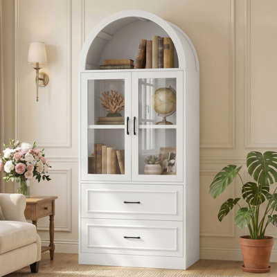 Vitrine de rangement moderne et minimaliste à dessus arqué, portes en verre trempé, étagères fixes, 2 tiroirs, charnières à fermeture douce, dimensions : 31,5 x 15,7 x 71,25 po