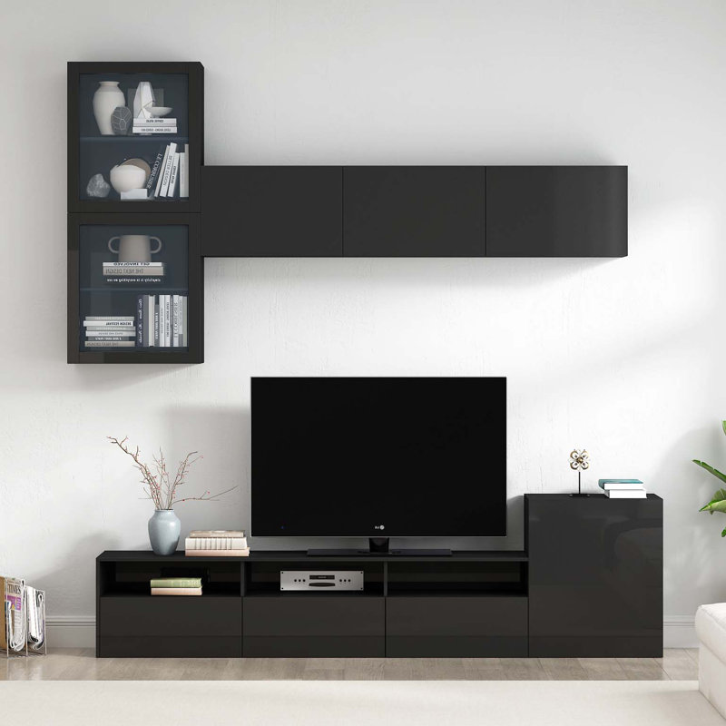 Meuble télé ultrabrillant avec grand espace de rangement, console multimédia pour téléviseur de 78 po ou moins, centre de divertissement polyvalent avec armoires de rangement flottantes murales pour le salon, noir