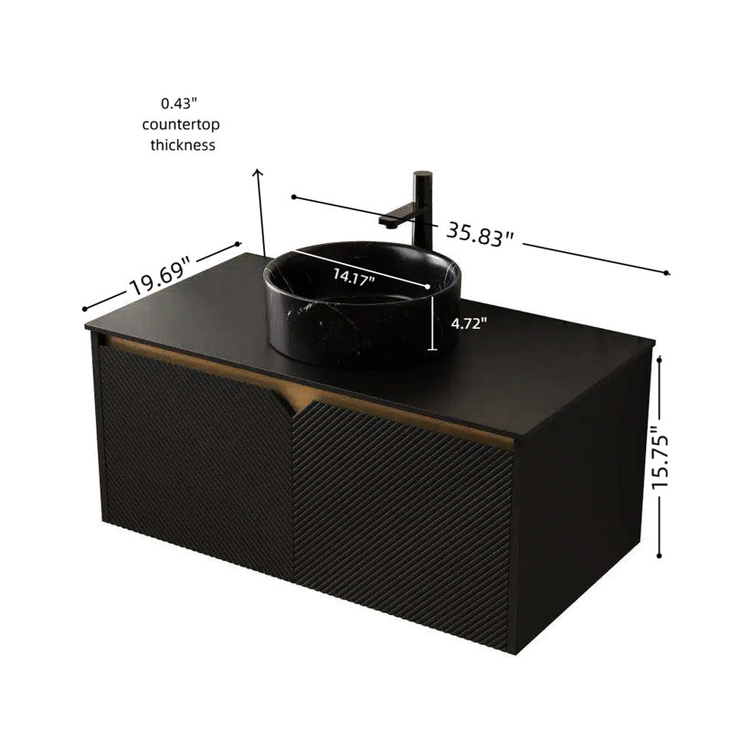 Meuble-lavabo flottant 36 po, lavabo en céramique noire, motif en pierre, plateau fritté et armoire en sergé