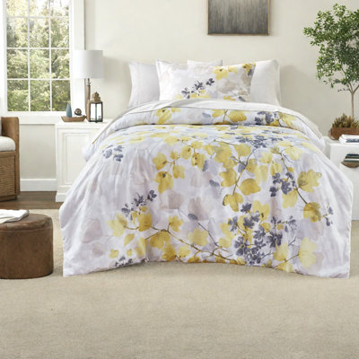 Modern Botanical Bedding Sets, Yellow & Gray Leaf Design, Hypoallergenic Polyester, King Size