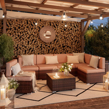 Caradog Wicker 6 - Person Patio Conversation Sets with Cushions Coffee Table and Fire Pit Latitude Run Frame Color/Cushion Color: Brown Frame/Beige C