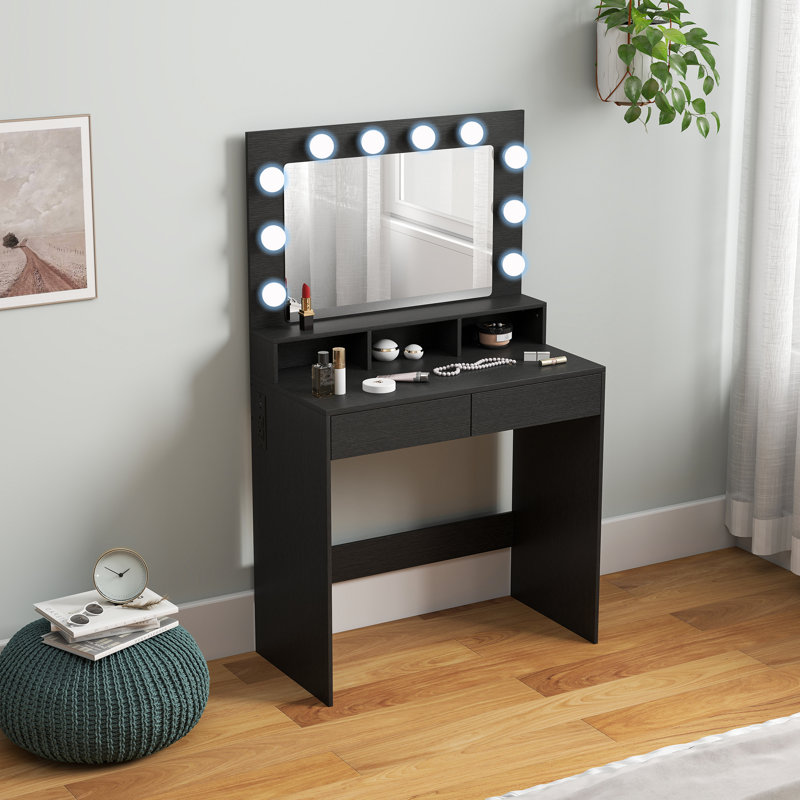 Coiffeuse de maquillage avec miroir à DEL et station de charge, Noir