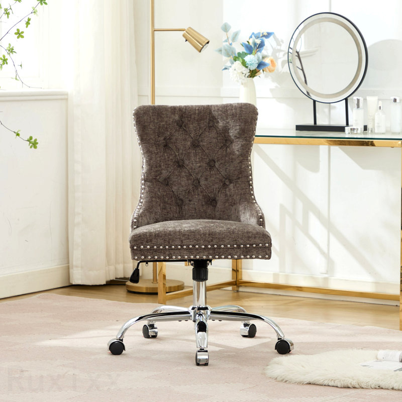Chaise de bureau grise, fauteuil de bureau moderne capitonné en chenille, avec base en métal chromé, chaise de bureau pivotante réglable