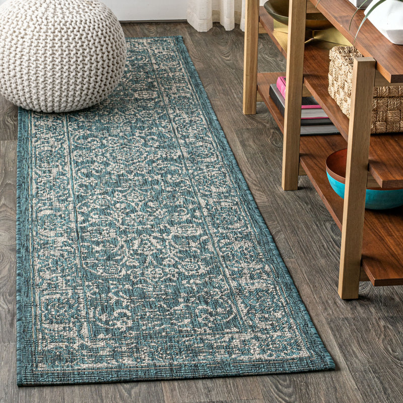 Leonora Bohemian Textured Weave Floral Teal/Gray Indoor/Outdoor Rug, Runner 2'2" x 10'