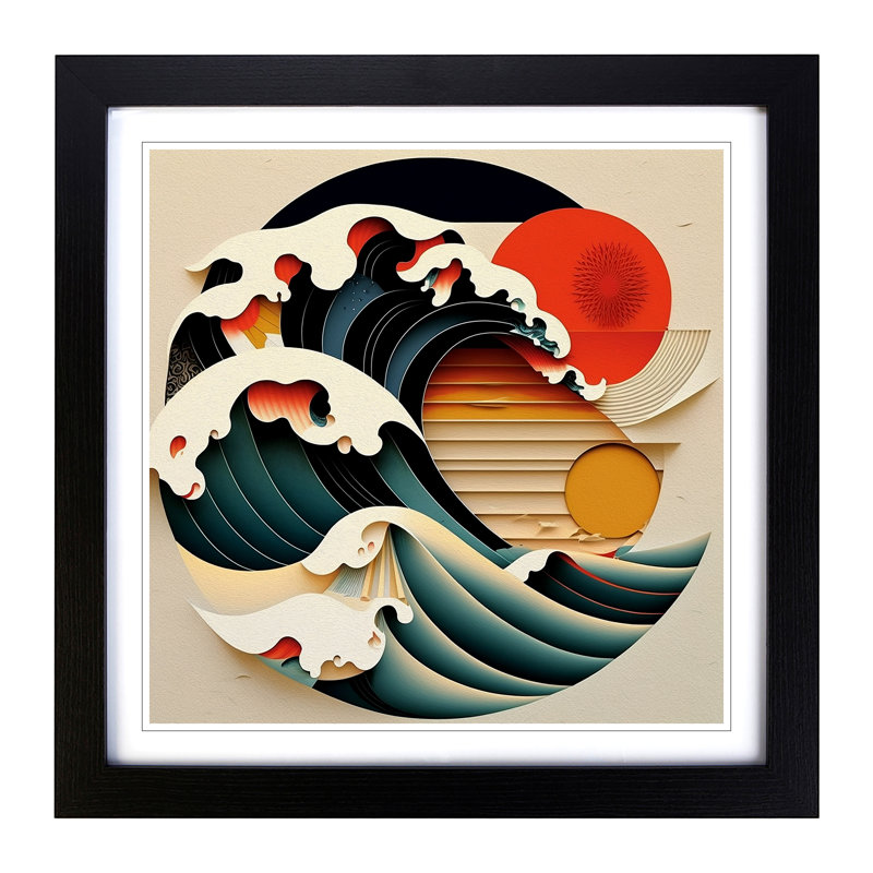 Japanese Wave Constructivism No.2 - Single Picture Frame Print on Wood, Black