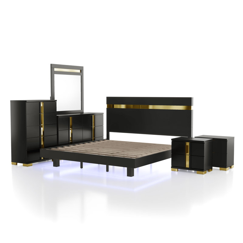 Ensemble de chambre avec lit plateforme 6 pièces Clemson, Grand, Noir, 6 pièces: lit, 2 tables de chevet, commode, miroi