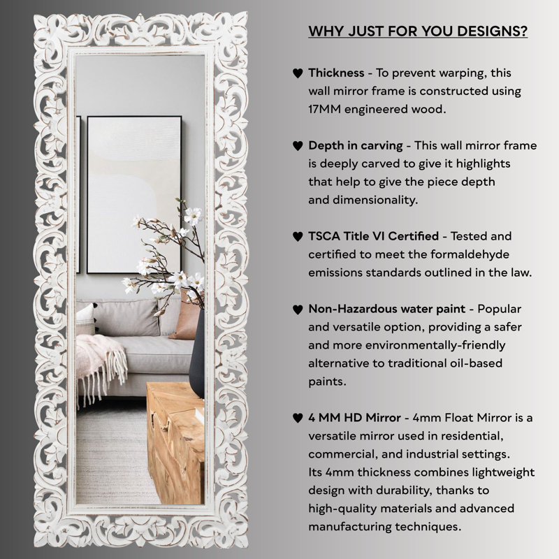 Felicio Carved Full Length Wall Mirror | Rectangular Mirrors For Bathroom, Living Room, Bedroom, Hallway, Entryway & Any Space | Laronda 23x59” / White